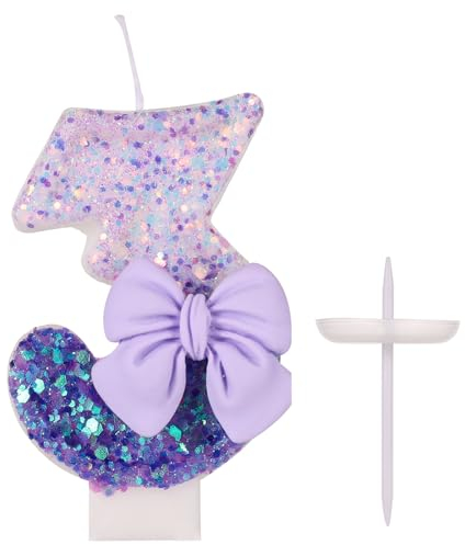 Geburtstagskerzen Zahlen, 7,3cm Lila Geburtstagskerzen-Schleife 0-9 Glitzer Kuchendekoration mit Pailletten für Geburtstag Hochzeit Jubiläum Party Backen Feiern (Zahl 3)
