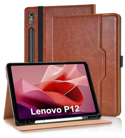 Vkooer Case for Lenovo Tab P12 12.7 inch 2023 with Pencil Holder (Model TB370FU) PU Leather Folio Cover with Auto Sleep/Wake Multi Angle Stand - Brown