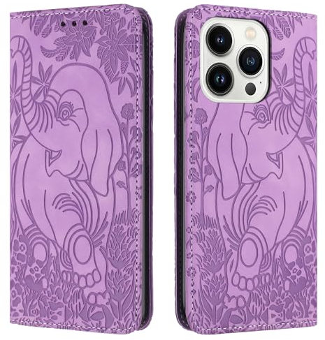 Unichthy Cute Case for iPhone 13 Pro Max Cover Flip Premium PU Leather Shockproof Magnetic Protective Folio Cover with Card Holder Stand |Elephant Embossed| Wallet Case for iPhone 13 Pro Max Violet