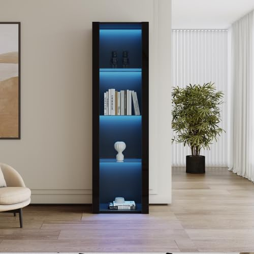 Sapgaks Vitrine Verticale Brillante avec éclairage LED et 3 étagères en Verre, Meuble de Rangement Hauteur 55 * 38 * 166 cm, Noir