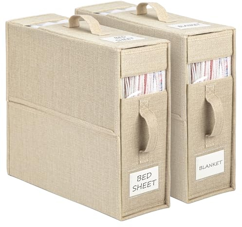 Yeahshion Aufbewahrungstasche für Bettlaken, 2 Stück Faltbare Bettwäsche Organizer, Praktische Lagerung von Bettwäsche und Decken für King & Queen Size Betten, Beige