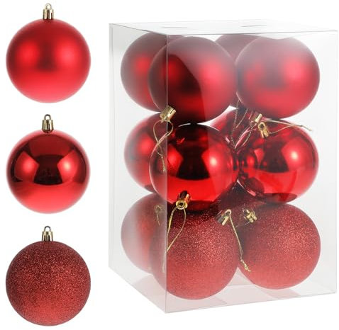 RELONGGI 8cm Weihnachtskugeln in Rot - 12pcs Christbaumkugeln aus Plastik, Splitterfrei, 3stile und in Tollen Farben (Rot, 8cm)