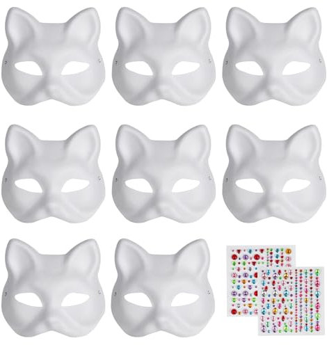 8 STK Katzenmasken zum Bemalen, Weißes DIY Fuchs Masken zum Anmalen, Leere Cat Mask, DIY Blank Papier Maske für Halloween Rollenspiele Partys Tänze Karneval Maskenball Maske mit 2 Diamantaufkleber