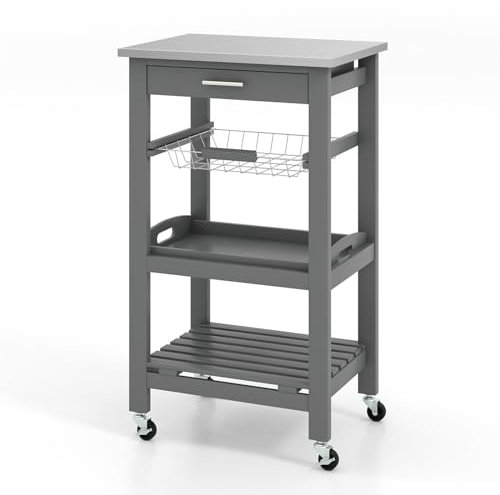 Isla de cocina rodante con ruedas con bandeja extraíble, cesta de malla de acero inoxidable, cajón de encimera y estante de listones, carrito de servicio gris para comedor y sala de estar