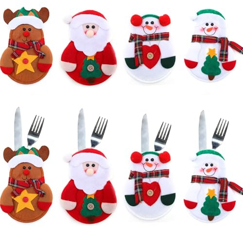 YQBFTC 8 Stück Weihnachten Besteckhalter,Weihnachten Bestecktaschen,Weihnachtsmann Schneemann Elch Tischdeko,Serviettentaschen,Weihnachtsdeko Besteck zum Dekorieren von Weihnachtsfeiern und Esstischen