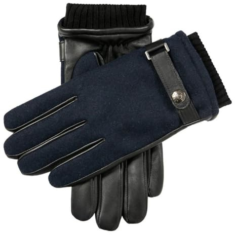 Dents Mens Amesbury Touchscreen Flannel and Leather Gloves - Navy/Black - Large