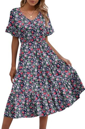 Zeagoo Damen Sommerkleid Elegantes V-Ausschnitt Blumenkleider Kurzarm Freizeitkleid Strandkleid A Linie Kleid Rüschenkleid mit Taschen Rosa Schwarz L