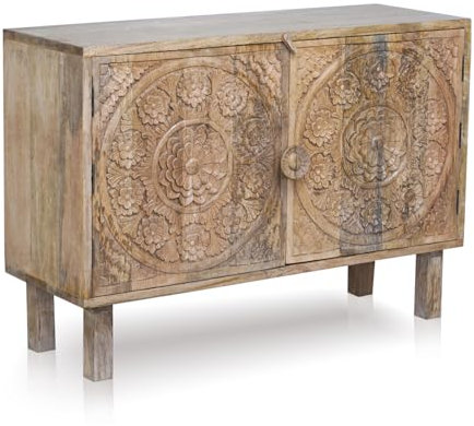 Marrakesch Vintage Kommode mit Türen aus Holz 104cm | Skandinavische Deko kleines Sideboard Komode Nakim handgeschnitzt für stilvolle Aufbewahrung & Orientalische Deko im Wohnzimmer & Schlafzimmer