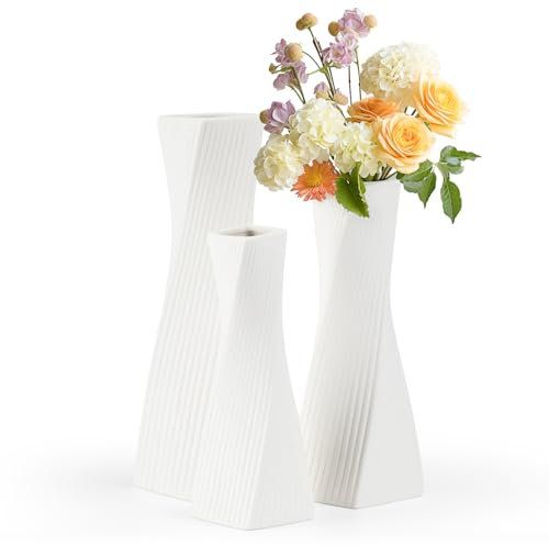 Set di 3 Vaso Fiori Quadrati in Ceramica - Soprammobili Modern Decorazioni Casa, Vasi per Fiori Freschi di Erba Pampa per Fiori Secchi Camera da Letto, Ingresso, Tavolo da Pranzo, Ufficio (Bianco)