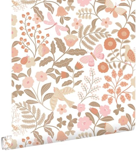 papier peint fleurs et oiseaux terracotta, taupe et rose 53 cm x 10.05 m - ESTAhome