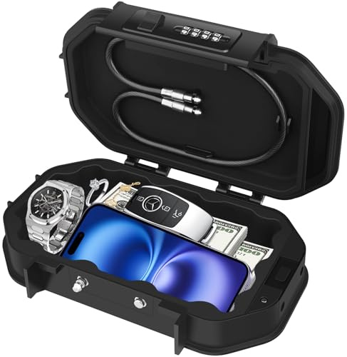 Diyife Tragbarer Tresor, Mini Tresor, IP68 Wasserdicht 4 Stellig Zahlencode | Abnehmbare Kabel, Doppelverriegelung Schnittfest & Schlagfest, Silikonauskleidung, Strandsafe für Strand, Camping, Büro, Auto