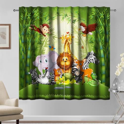 Kzzfqxb 117x138cm Kindervorhänge 2 Paneele, Grüne Bambus Tiere Elefant Löwe AFFE Zoo Vorhänge, Süßes Karikatur Dekor für Kinder Jungen Mädchen Schlafzimmer Kinderzimmer Wohnzimmer