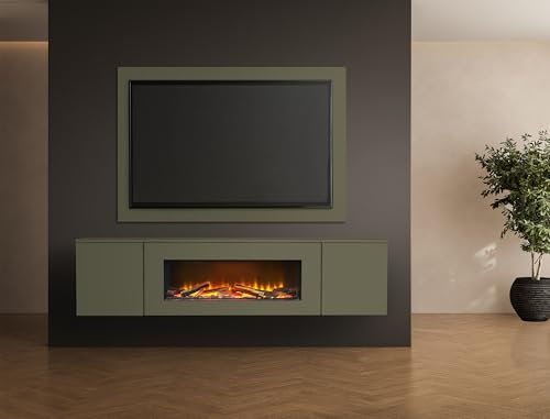 Acantha Orion Electric Floating Media Wall Suite with TV Backboard in Agave Green, 91 Inch