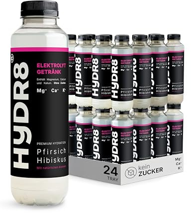HYDR8 Elektrolytgetränk ohne Zucker Pfirsich-Hibiskus - 24 Flaschen | Sportgetränk mit 5 Elektrolyten inkl. Magnesium | Zero Getränk | Erfrischend für Party, Sport, Festival, Hitze