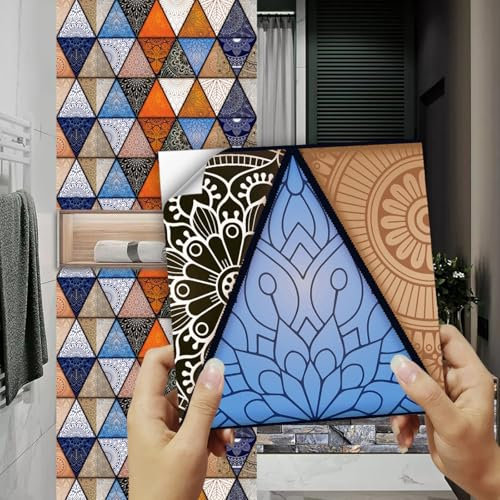 Mosaikfliesen Mandala Orange Blau Küchenfliesen Selbstklebend PVC Wasserfest Fliesensticker Badezimmer Schrank Fliesenaufkleber Wanddekoration Klebefliesen Küche 15x15cm/10 Stück