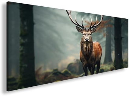 Leinwandbild Majestätischer Hirsch im nebligen Zauberwald Panorama 120x60cm XXL Wandbild auf Keilrahmen/Kunstdruck/Bild Wohnzimmer Dekoration