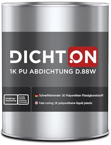 1K PU Abdichtung grau 1kg - Polyurethan Flüssigkunststoff Abdichtungsmasse für Dach, Balkon, Terrasse - neueste Generation, schnellhärtend, blasenfrei, ganzjährige Verarbeitung - DICHTON D.88W