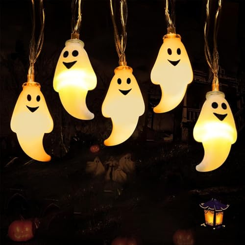 GoldRock Geister Halloween Lichterkette, 3M 20 Led Geist Halloween Deko Lichterkette Innen Outdoor, Horror Gespenster Deko Helloween Led Kette Batterie,Herbst Lichterketten Helloween Party Decorations