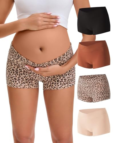 INNERSY Maternity Boxer Shorts Under Bump Pregnancy Postpartum Pants 4 Pack | 100% Cotton Gusset, Low Waist V Shape Boxers Underwear, Comfortable Boyshorts Panties for All Stages & After Birth, Tag-free