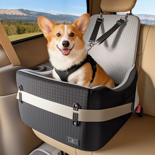 PETSFIT Asiento Elevado para Perros Pequeños/Medianos hasta 15 kg – Sistema de Seguridad Patentado, Cojín Viscoelástico de 13 cm, Desmontable y Lavable con 2 Bolsillos (Negro y Gris)