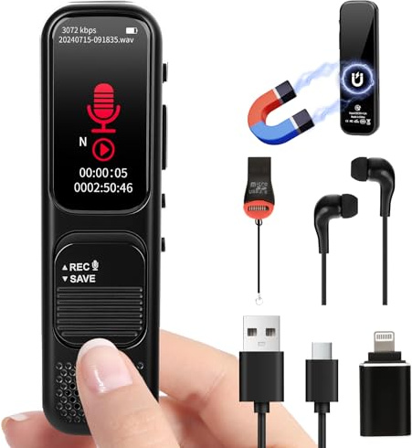 woeaozy 64 GB Diktiergerät Digital mini – 3072 Kpbs Magnetisches Sprachaktiviertes Aufnahmegerät mit DSP-Rauschunterdrückung für Anrufe/Interviews/Unterricht/Besprechungen