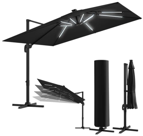 STEELSØN Lyrion Sonnenschirm rechteckig 300x300 cm - Ampelschirm inkl. Schutzhülle – mit LED-Beleuchtung - Gartenschirm neigbar & 360° drehbar - UV50+ wetterfest – Aluminium Gestell - schwarz