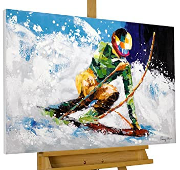KunstLoft Leinwandbild | 100% HANDGEMALT | 90x60cm | Gemälde 'Ride in the Snow' | Winter | Blau Weiß | Wandbild Wohnzimmer