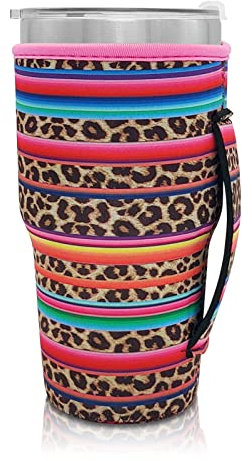 Funda de neopreno reutilizable para taza de café helado, funda aislada, ideal para vasos de 30 onzas, vasos Trenta Starbucks, donuts grandes (sólo mangas de taza) (Rainbow-Leopard)