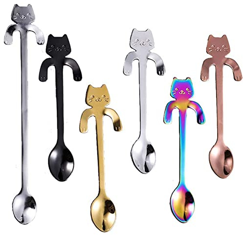 MINGZE 6 pcs Café Cuchara Forma de Gato de Acero Inoxidable, 5 colores diferentes + 1 cuchara de mango largo, Colgando, Ideales para café, postres, Bebidas, Mezclar o Batidos