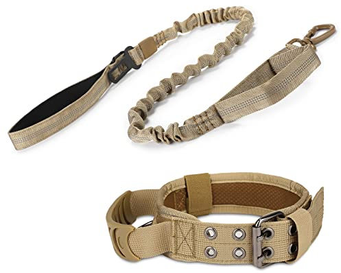 Huntvp taktisches Hundehalsband mit Kontrollgriff und Hundeleine mit Doppelgriff, Militär Hundehalsband und Leine Set, Reflektierend Verstellbar für Mittlere Große Hunde Freizeit Outdoor,Braun M