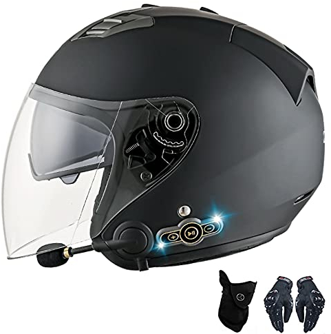 CHLXI Motorradhelm Klapphelm mit Bluetooth Herren Damen ECE-zertifizierter Motorrad Jethelme Integrierter Bluetooth-Helm mit Anti-Fog-Doppelspiegel Rollerhelm Scooterhelm (Color:B,Size:XXL=63-64CM)
