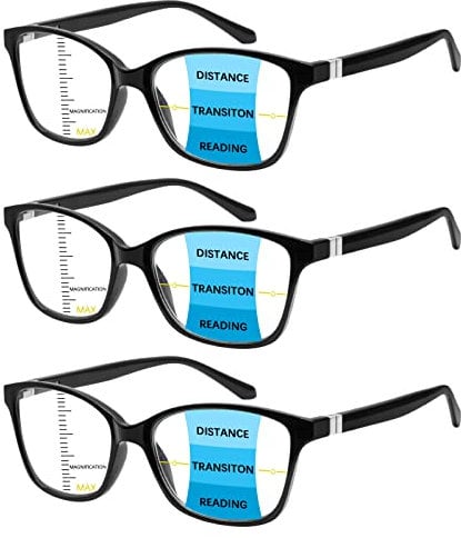 STASTEND 3 Pack Progressive Multifocus Reading Glasses Blue Light Blocking Multifocal Readers for Women Men with Spring Hinge (3 Black, 3.00, multiplier_x)