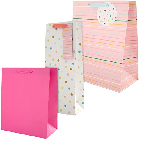 Hallmark Gift Bags, Pack of 3 in Medium, Large and Bottle sizes, 3 Contemporary Pink Designs, Birthday, Anniversary, Mothers Day