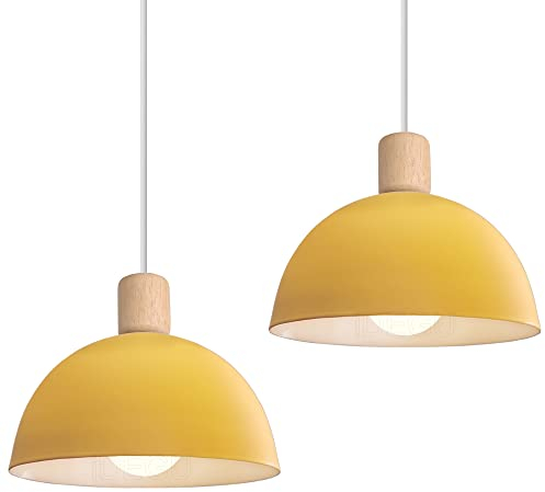 iDEGU 2 Stück Ø20cm Hängelampen Retro E27 LED Hängeleuchte Moderne Skandinavisch Deckenleuchte aus Metall Holz Pendelleuchte für Schlafzimmer Esszimmer Küche Restaurant (Gelb, 2 Lampen)