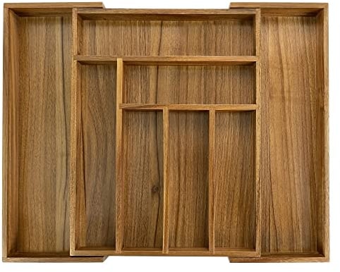 Luxury Acacia Kitchen Drawer Organizer - Silverware Organizer - Utensil Holder and Cutlery Tray with Grooved Drawer Dividers for Flatware and Kitchen Utensils (8 Slot), 17*12.4*2 inch