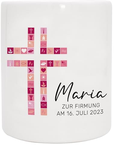 Personalisierte Spardose mit Wunschnamen als Geschenk zur Kommunion/Konfirmation/Firmung mit Namen, Datum und Wunschtext für Mädchen und Junge | Kreuz Rosa