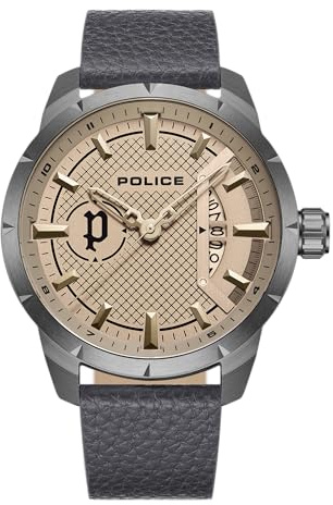 Police Neist Herren Armbanduhr aus Edelstahl und Leder in der Farbe Grau-Braun, Größe: 45mm x 50,5mm, Wasserdichtigkeit: 5Bar, PEWJB2226903