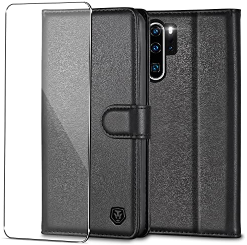 Handyhülle für Huawei P30 Pro Hülle mit Schutzfolie Premium PU Leder P30 Pro Klapphülle Case Brieftasche Kartenfach Ständer Magnet Etui Handytasche Cover Schutzhülle für Huawei P30 Pro - Schwarz