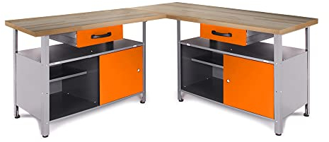 Ondis24 Werkstatt Set Ecklösung Simple One, Werkbank, 180 cm Buchenholzarbeitsplatte 27mm, Metall (Arbeitshöhe 85cm)