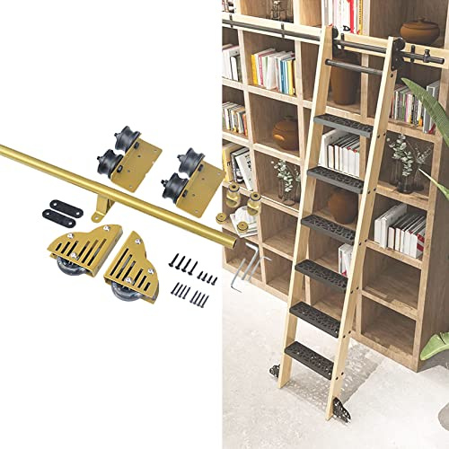 ZXFDM 3.3ft-20ft Rolling Ladder Hardware Library Sliding Ladder Track Kit, Round Track/Rail + Extension Accessories, Gold, Iron, For Home/Indoor/Loft
