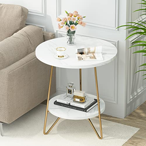 Tribesigns Beistelltisch rund, Couchtisch mit 2 Ebenen, Kleiner Tisch aus künstlichem Marmor, moderner Stil, Nachttisch Kleiner für Wohnzimmer Schlafzimmer, Weiß und Gold (1PC)