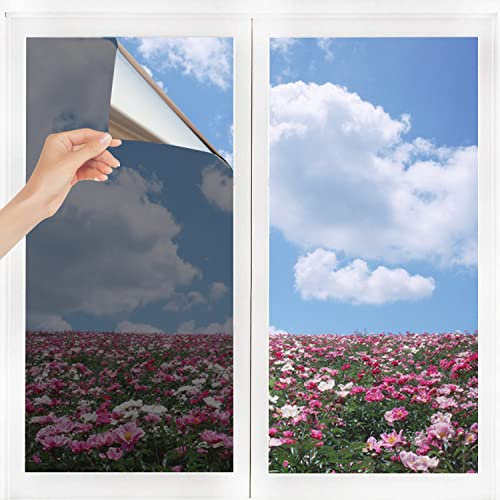 Film Miroir Fenêtre sans Tain Anti Chaleur Anti-Regard Contrôle de la Température Protection de la Vie Privée Film Adhésif Réfléchissant pour Fenêtre Maison Bureau Magasin (Gris-Argent, 90 * 400cm)