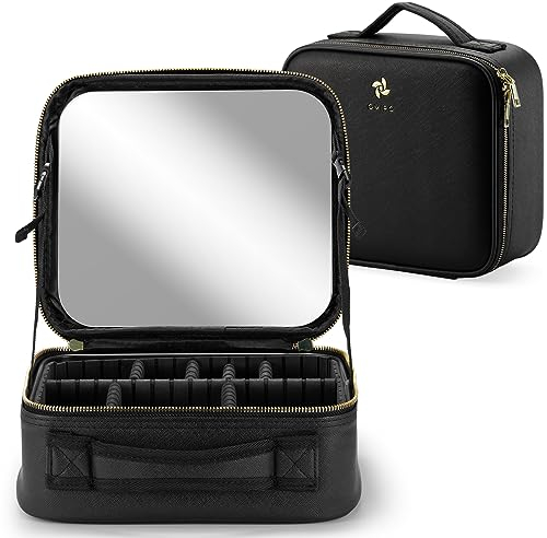 OMIRO Kosmetiktasche mit Großem Spiegel, Professionelle Make up Tasche mit Schminkspiegel, Kulturbeutel-Organizer für Reise (Schwarz, Geringe)