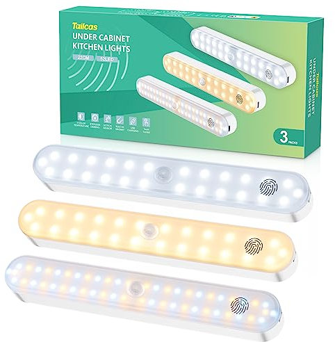 Tailcas Under Cupboard Kitchen Lights 3 Color Temperature Stepless Dimming, 4 Modes 2000mAh USB Rechargeable Battery Powered Cabinet, 52 LED PIR Magnetic Night Light Closet Hallway, 52LEDs-22cm