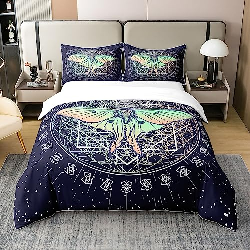 100% Bio Baumwolle Motte Bettbezug,Gothic Butterfly Bettwäsche Set 220x240,Sonne und Mond Tröster Bezug für Teens,Geometrische Galaxy Sterne Bett Sets mit 2 Kissenbezüge Reißverschluss und Krawatten