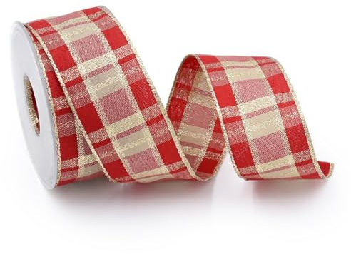 Plaid Wired Ribbon Christmas Wrapping Ribbon Gingham Ribbon Checkered Wired Edge Wrapping Ribbon Christmas Buffalo Plaid Ribbon for Gift Wrapping DIY Craft (Red Checkered)