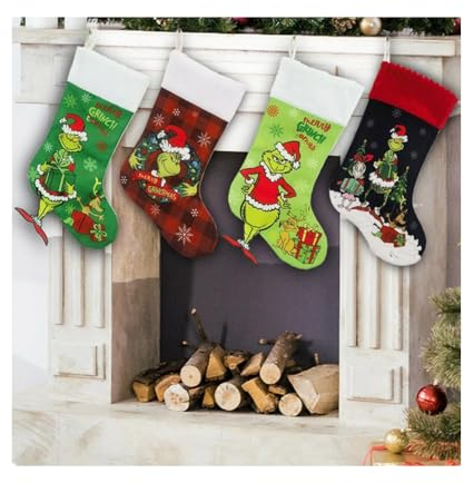 Super Idee 4er Set Grinch inspirierte Strümpfe einzigartiger Muster-Stil Weihnachtsstrümpfe 46cm Große Weihnachtssocken Kamin Hängenden Strumpf für Familienurlaub Weihnachten Party
