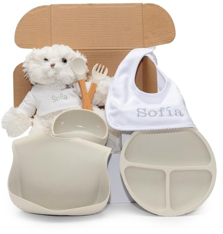 BebeDeParis | Regalo Ecológico Personalizado para Bebé, Set de Regalos para Niño/Niña, Vajilla de Silicona + Accesorios Personalizados (Gris, Vajilla + Babero + Oso)