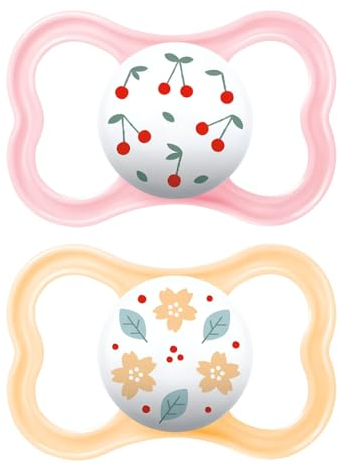 MAM Air Schnuller 6-16 Monate (2er-Set), MAM Schnuller 6-16 Monate für empfindliche und empfindliche Haut, 2-teiliges Set mit Silikonsauger und Sterilisator-Schnullerhalter, Rosa/Neutral