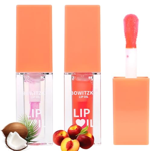 Bowitzki Lip Oil Glow Gloss Hydrating Getönte Nährende Langanhaltende Lippenbalsam Pflege Feuchtigkeitsspendende Reparierende Aufhellende Lippenlinien Blauer Lotus Tocopherol Squalan (Coconut+Peach)